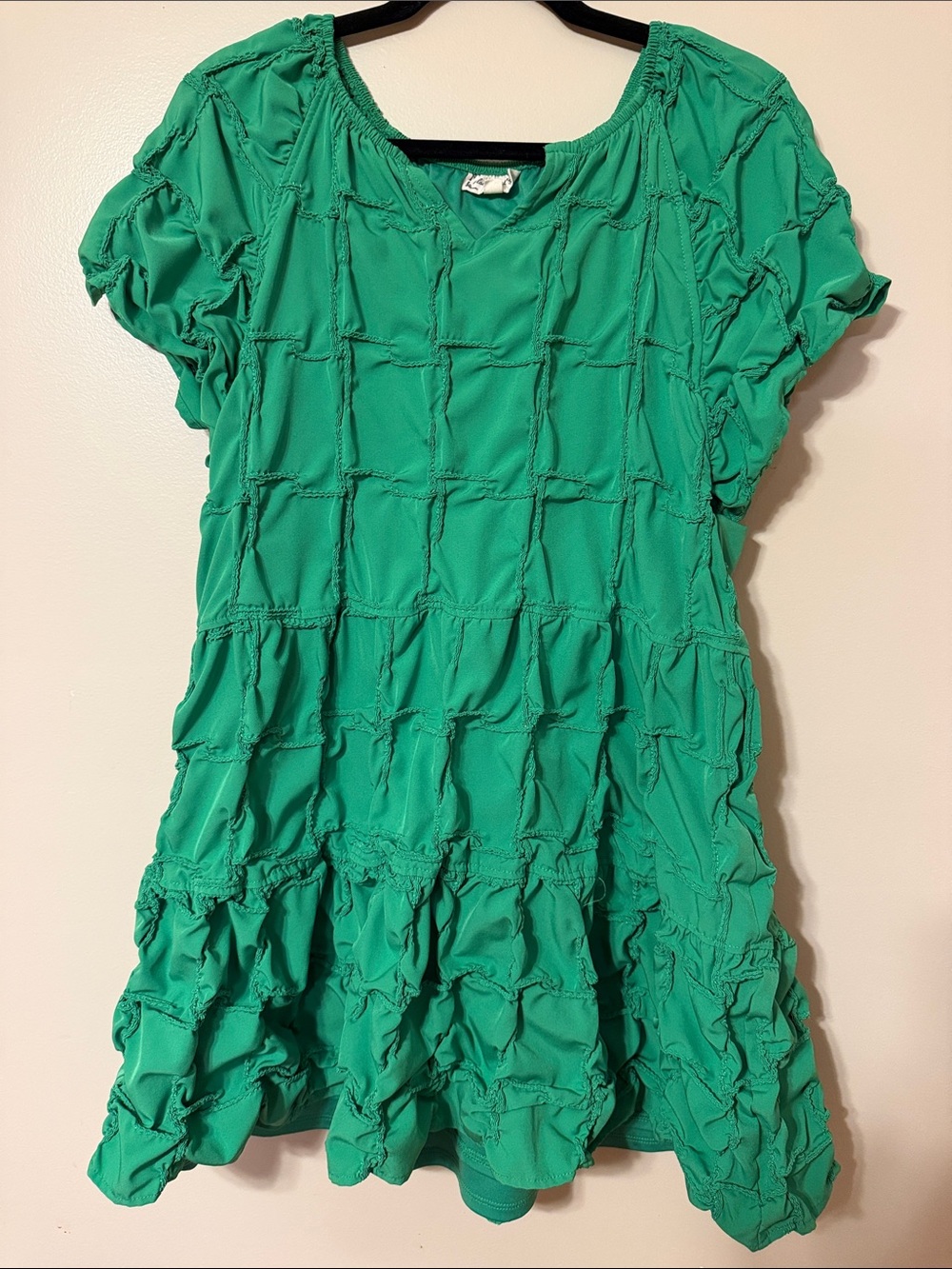 Cloth & Portrait Textured Green Short Sleeve Dress